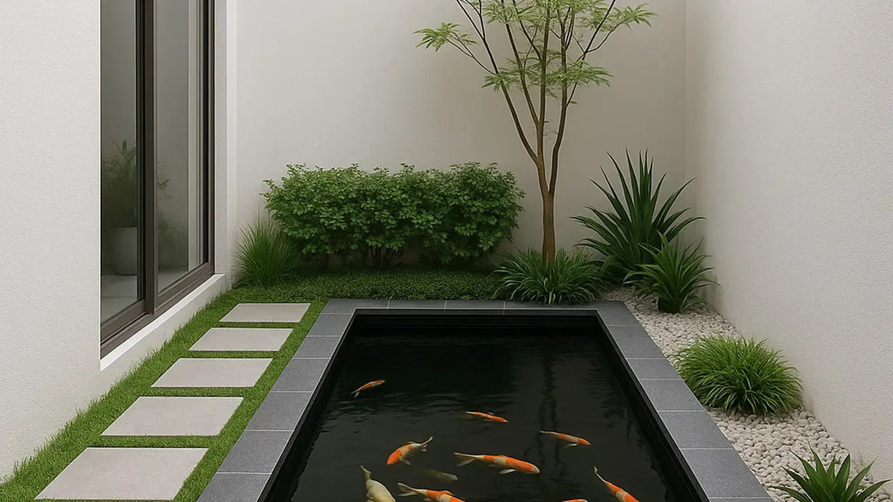 Desain Kolam Ikan dan Taman Minimalis di Area Sempit