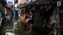 Warga beraktivitas terjadi banjir rob yang menggenangi perkampungan/rumah mereka di Muara Angke, Jakarta, Kamis (4/1). Ketinggian air di permukiman tersebut sekitar 20-30 cm. (Liputan6.com/JohanTallo)