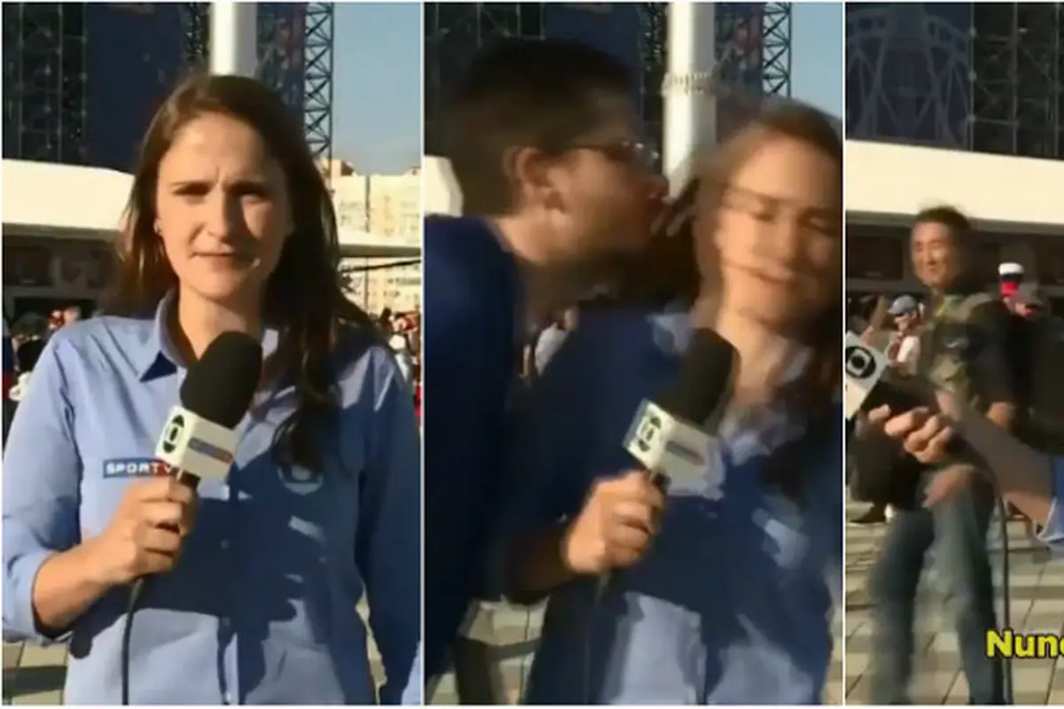 Seorang penonton Piala Dunia 2018 tiba-tiba menghampiri seorang reporter wanita asal Brasil dan mencoba menciumnya.