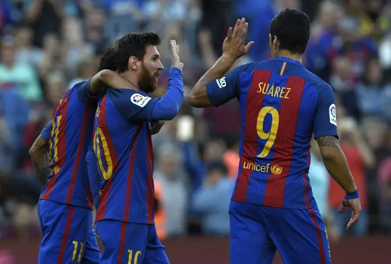 Neymar, Lionel Messi, dan Luis Suarez semakin tajam. (AFP/Lluis Gene)