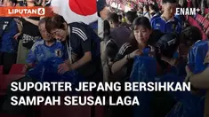 Suporter Jepang bersihkan sampah usai laga Jepang vs Indonesia di GBK. Jepang menang 4-0 atas Indonesia di kualifikasi Piala Dunia 2026