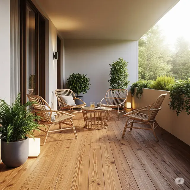 Teras Lantai Kayu & Kursi Rotan