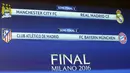 Hasil undian semifinal Liga Champions di markas UEFA, Nyon, Swiss, Jumat (15/4). Tim kaya Manchester City akan bertemu dengan Real madrid dan semifinal lainnya mempertemukan Atletico Madrid melawan Bayern Munchen. (REUTERS/Denis Balibouse)