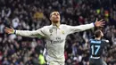 Cristiano Ronaldo merupakan pencetak gol terbanyak sepanjang massa Real Madrid. Ia berhasil persembahkan 450 gol dan 132 assist dari 437 penampilan di semua kompetisi. Torehannya terhenti sejak 2018 lalu ketika dirinya memutuskan hengkang ke Juventus. (Foto: AFP/Gerrard Julien)