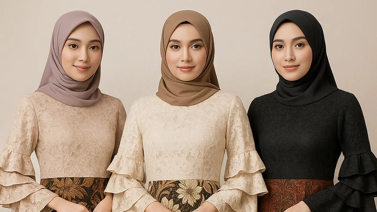 Model Batik Brokat Kombinasi Lengan Tiga Lapis untuk Wanita Berhijab