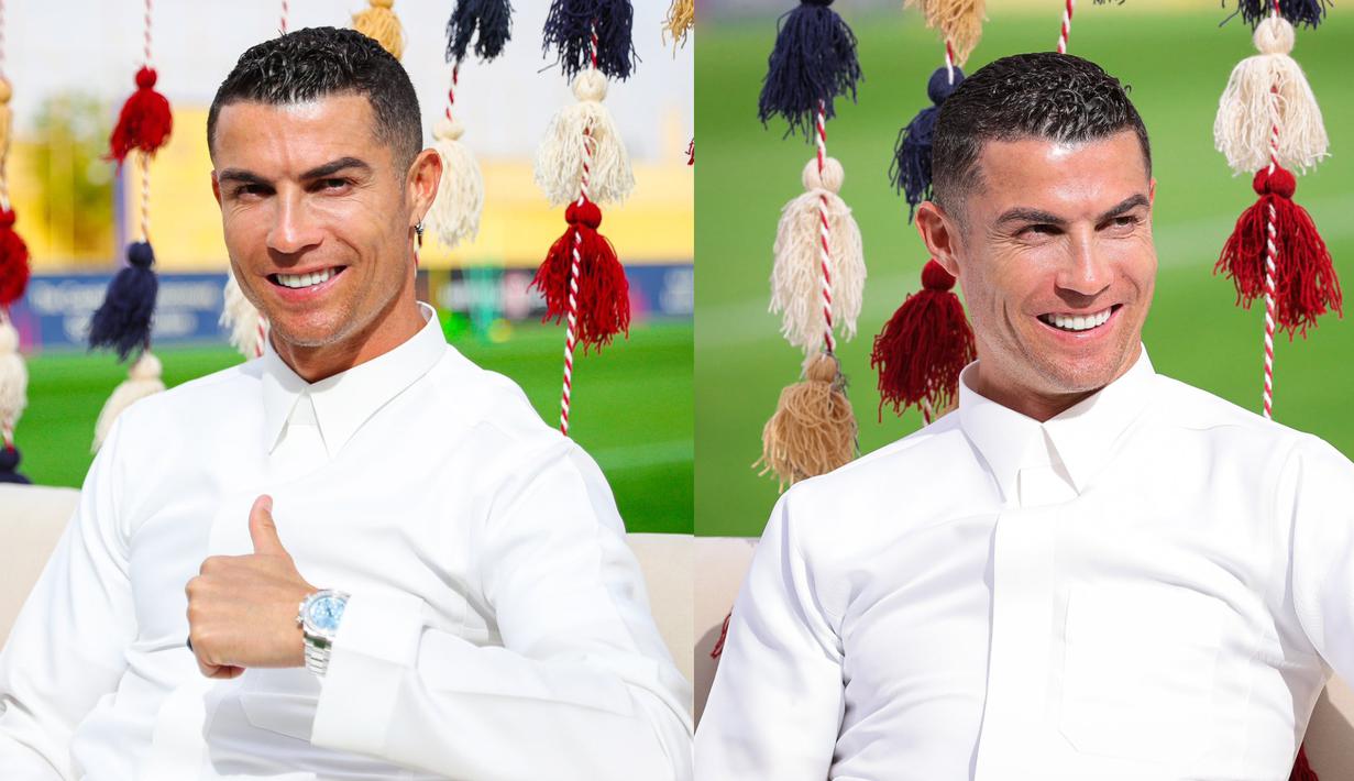 Kolase foto: Pemain Al-Nassr, Cristiano Ronaldo memakai gamis saat memperingati Hari Pendirian Kerajaan Saudi atau Founding Day di tempat berlatih pada Rabu (22/02/2023). (Twitter/@AlNassrFC)