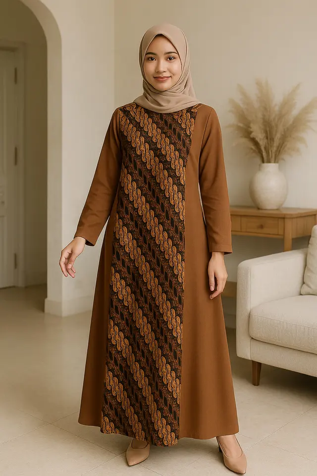 2. Gamis Batik Kombinasi Polos di Sisi Samping