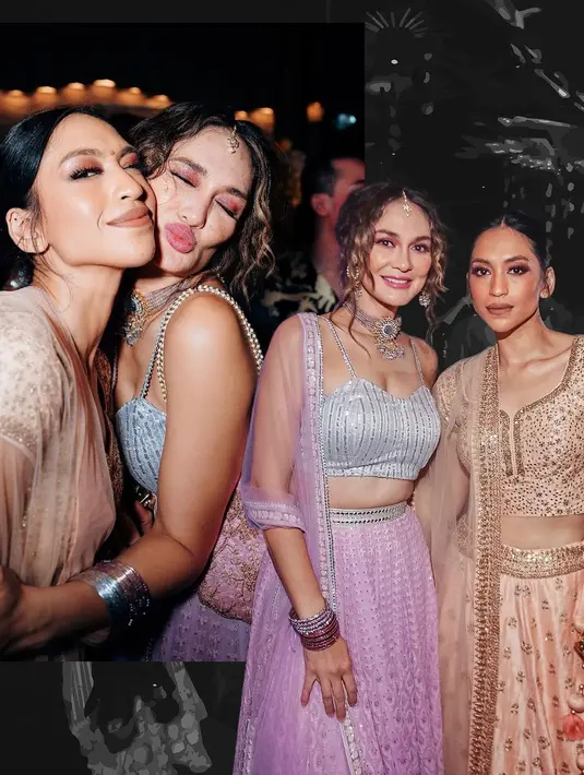 Pemeran Suzzana dalam film Suzzanna: Malam Jumat Kliwon itu tampil anggun dengan lehenga mewah bernuansa pink keunguan dan silver.  [Instagram/lunamaya]