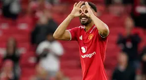 Matheus Cunha dari Manchester United melakukan selebrasi setelah timnya mengalahkan Ipswich Town dalam pertandingan Liga Inggris di Manchester, Inggris, Minggu, 30 Agustus 2026. (AP Photo/Dave Thompson)