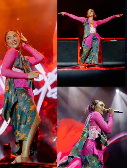 Ia juga tampak mengenakan selendang kain batik yang disematkan di bahu kanan. Meski mengenakan kebaya, penampilan Marion Jola tampak begitu semangat dan tetap energik. Penampilan panggung beda dari sebelumnya, menuai pujian. (Liputan6.com/IG/@lalamarionmj)