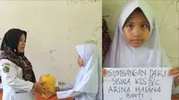 Seorang bocah perempuan bernama Arina Az Zanaa rela menyumbangkan seluruh isi celengannya yang sudah ditabungnya selama dua tahun untuk bantu Palestina. (Liputan6.com/ Dok Kemenag Lampung)