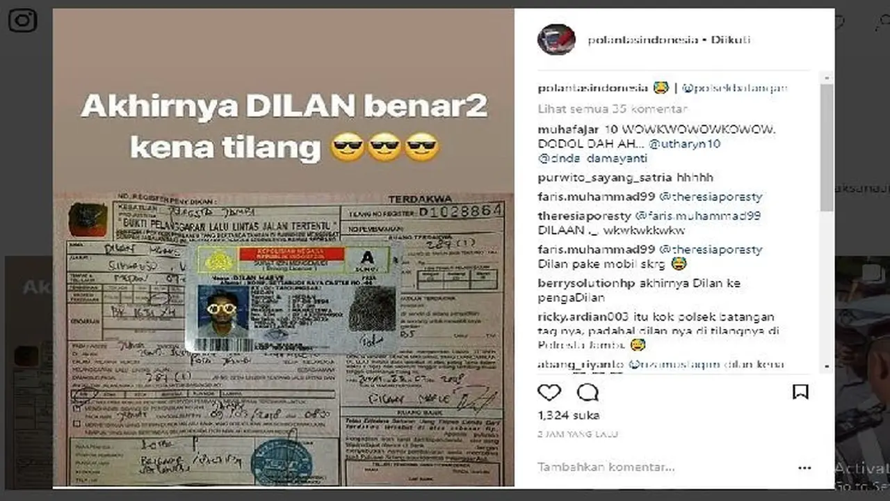 Akhirnya, Dilan kena tilang (Foto:instagram @polantasindonesia)