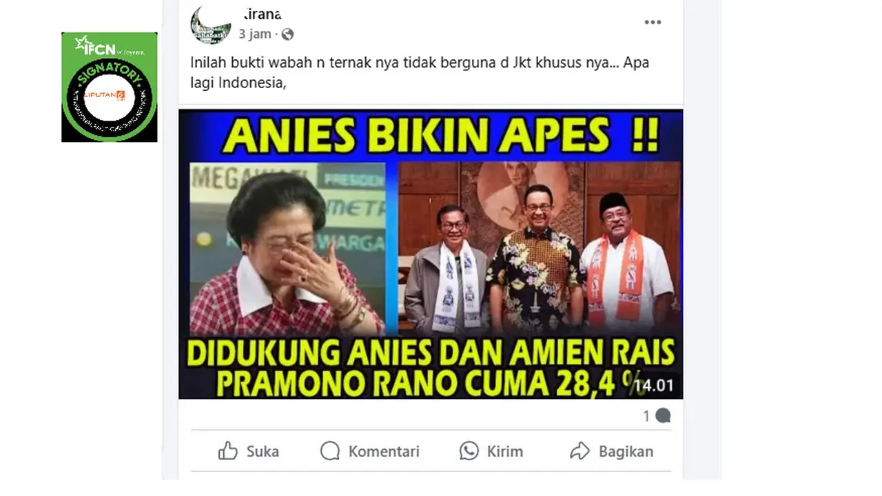 Tangkapan layar klaim dukungan Anies Baswedan membuat Pramono-Rano hanya peroleh suara 28,4 persen