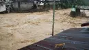 Bencana ini memicu krisis kemanusiaan dan kerusakan infrastruktur yang signifikan. Tampak dalam foto, seekor kucing berjalan di atap rumah dekat jembatan dan bangunan yang rusak akibat banjir di Tanah Datar, Sumatera Barat, Jumat, 28 November 2025. (AP Photo/Ali Nayaka)