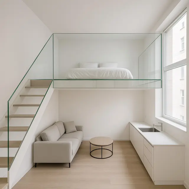 Model Interior Ruang Kecil Apartemen dengan Kamar Mezanine (Image by ChatGPT)