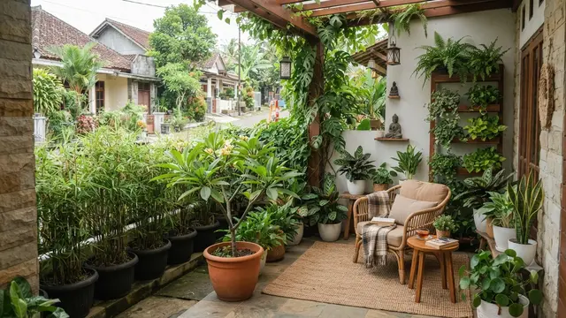 Cara Membuat Teras Terlihat seperti Area Lounge Hotel Model Elemen Natural untuk Privasi dan Ketenangan