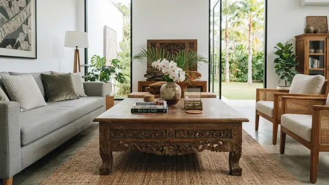 Ide dekorasi rumah menggunakan perabot antik model  dengan meja antik sebagai pusat perhatian, yang bikin interior jadi terasa mewah dan elegan