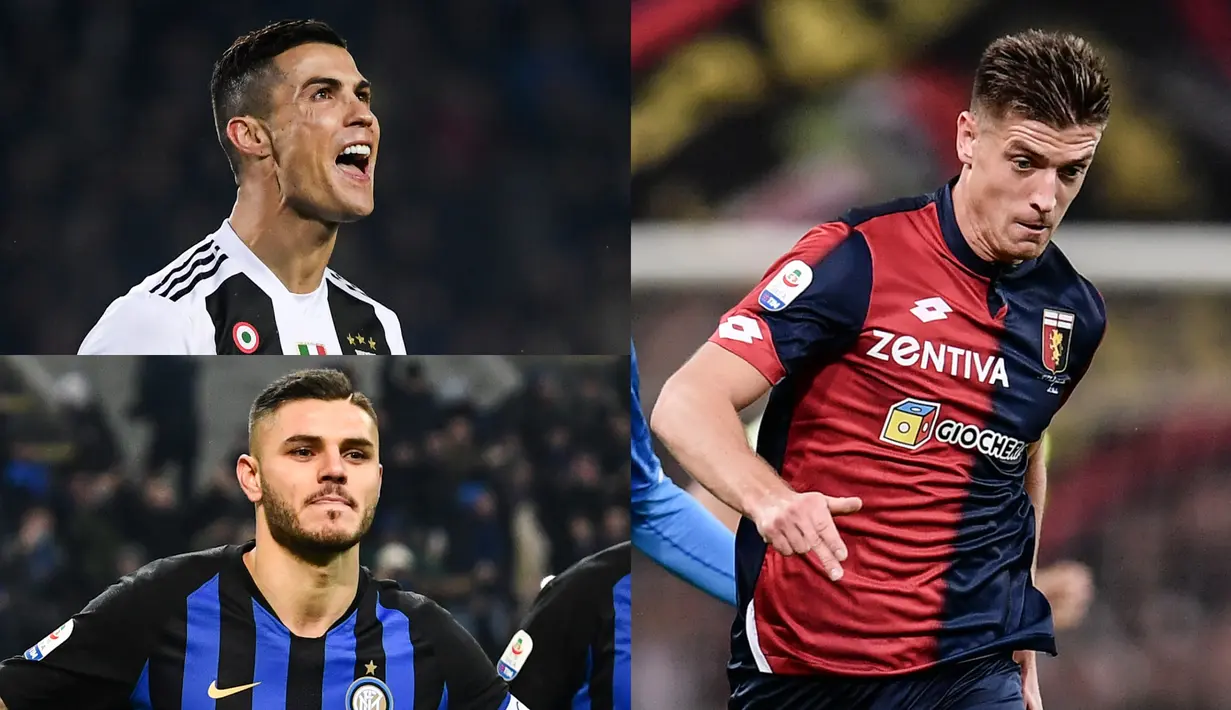 Raihan satu gol ke gawang AS Roma membuat bintang muda Genoa, Krzysztof Piatek mulai menjauhi kejaran gol Ronaldo di Serie A. (Kolase Foto AFP)