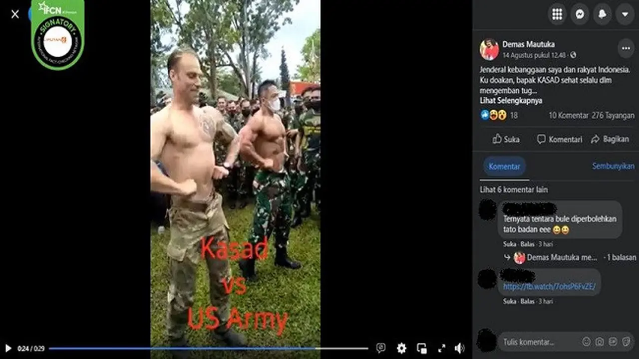Gambar Tangkapan Layar Video yang Diklaim KSAD Jenderal TNI Andika Perkasa Adu Otot dengan Tentara Amerika Serikat (sumber: Facebook).