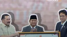 Presiden Prabowo Subianto menghadiri penyerahan denda administratif dan penyelamatan keuangan negara di Kejaksaan Agung, Jakarta, Jumat (10/4). Nampak tumpukan uang menggunung sebanyak Rp11 triliun. Selain Prabowo, sejumlah jajaran di kabinet Merah Putih juga turut hadir. Seperti Menkeu Purbaya, ...