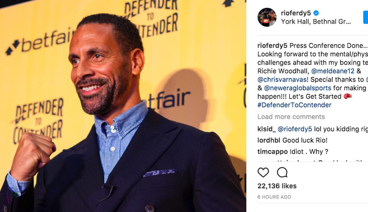 Rio Ferdinand berfoto usai mengikuti press conference dengan teman “Defender to Contender”. Acara sebagai penryataan resmi Rio beralih profesi menjadi seorang petinju pro. (Bola.com/Instagram Rio Ferdinand)
