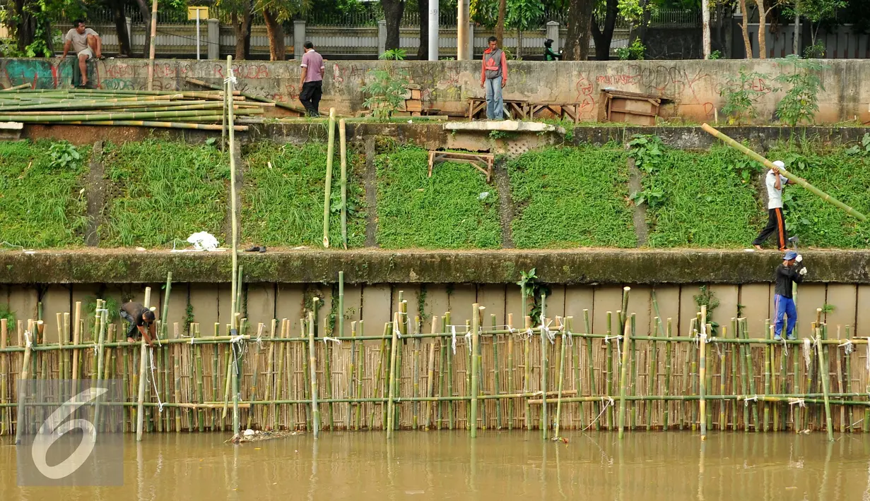 Pekerja memasang turap dari bambu sepanjang 600 meter di Bantaran Kali Ciliwung, Jakarta, Jumat (5/8). Pemasangan tersebut untuk menahan dinding tanah yang kerap longsor. (Liputan6.com/Gempur M Surya)