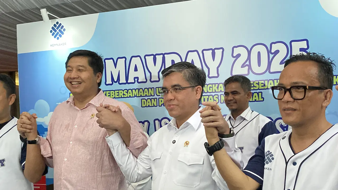Menteri PKP Maruarar Sirait, Menteri Ketenagakerjaan Yassierli, Wakil Menteri Ketenagakerjaan Immanuel Ebenezer saat May Day 2025. (Foto: Liputan6.com/Delvira H)