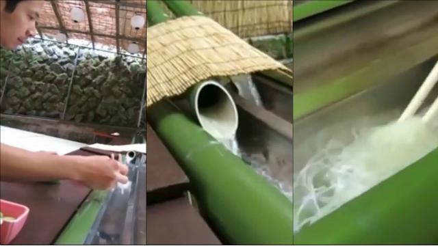 Makan nagashi-somen--artinya, mi yang mengalir--merupakan tradisi musim panas di Jepang.