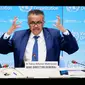 Direktur Jenderal WHO Tedros Adhanom Ghebreyesus saat konferensi pers daring dari Swiss dilihat di Brussel, Belgia, Senin (29/6/2020). Virus corona COVID-19 telah menginfeksi lebih dari 10 juta orang di seluruh dunia, lebih dari 500 ribu di antaranya meninggal dunia. (Xinhua/Zhang Cheng)