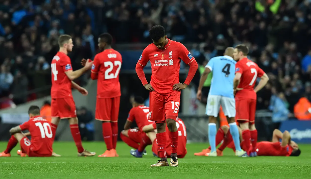 Final Piala Liga Inggris 2015/2016. Laga final pertama yang gagal dimenangi Jurgen Klopp bersama Liverpool adalah final Piala Liga Inggris musim 2015/2016 usai kalah dari Manchester City. Dalam laga yang digelar 28 Februari 2016 di Wembley Stadium, London, laga berahir 1-1 di waktu normal dan skor tidak berubah hingga perpanjangan waktu usai. Dalam adu penalti, Liverpool kalah 1-3. (AFP/Ben Stansall)
