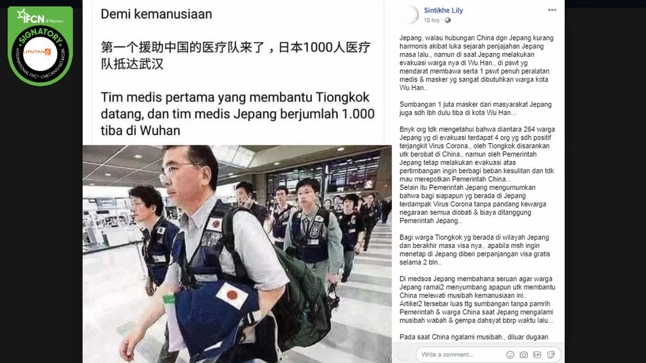 Cek Fakta: Tim Medis Jepang Berjumlah 1.000 Orang Tiba di Wuhan, Faktanya?