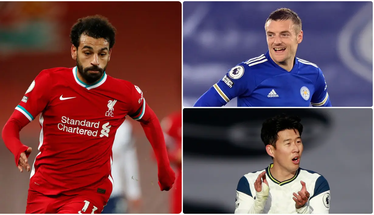 Penyerang Liverpool, Mohamed Salah, masih memuncaki daftar top skor sementara Liga Inggris 2020/2021 hingga pekan ke-17. Pemain asal Mesir ini telah mencetak 13 gol unggul satu gol dari pemain Tottenham, Son Heung-min. Berikut daftar top skor sementara Liga Inggris. (kolase foto AFP)