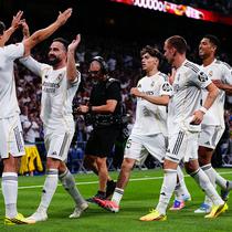 Momen selebrasi para pemain Real Madrid gol Gonzalo Garcia dalam laga Liga Spanyol antara Real Madrid vs Athletic di Santiago Bernabeu, 24 Mei 2026. (AP Photo/Manu Fernandez)