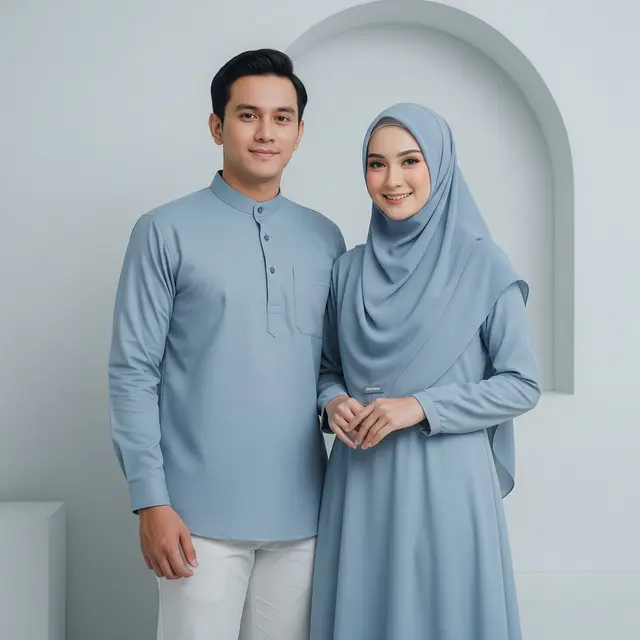 Pasangan pakai baju lebaran Kombinasi Warna Pastel Monokrom (Gemini AI)