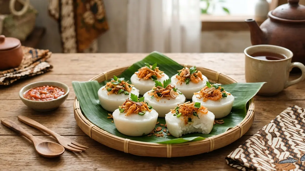 Kue Gandus Palembang dengan Topping Ebi dan Daun Seledri (AI Generated)