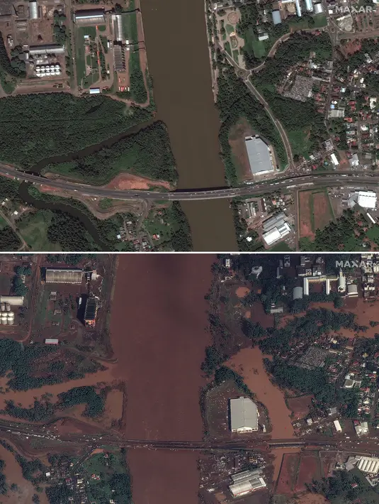 Kombinasi gambar yang dirilis oleh Maxar Technologies ini menunjukkan pemandangan sebelum dan sesudah banjir di sepanjang Sungai Taquari dan jembatan Highway 386 di Estrela, Brasil. 6 Maret 2024 (atas) dan 5 Mei 2024 (Bawah). (Satellite image ©2024 Maxar Technologies via AP)