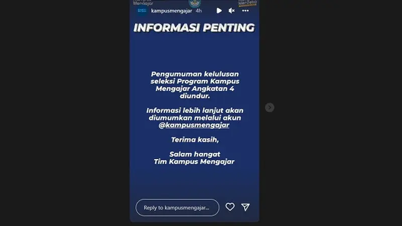 Instagram Stories mengenai penundaan pengumuman hasil seleksi Kampus Mengajar Angkatan 4 (Instagram Kampus Mengajar)