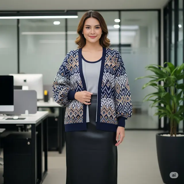 Set Cardigan Double Layer Motif Geometris