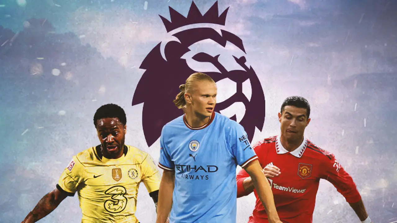 Ilustrasi - Raheem Sterling, Erling Haaland, Cristiano Ronaldo + Logo EPL