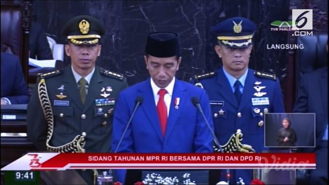 Presiden Jokowi saat pidato di depan Sidang Tahunan MPR RI 2018 di Gedung DPR/MPR, Jakarta, Kamis (16/8/2018).