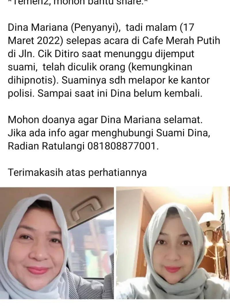 Dina Mariana Hilang Usai Manggung di Cafe, Diduga Jadi Korban Penculikan