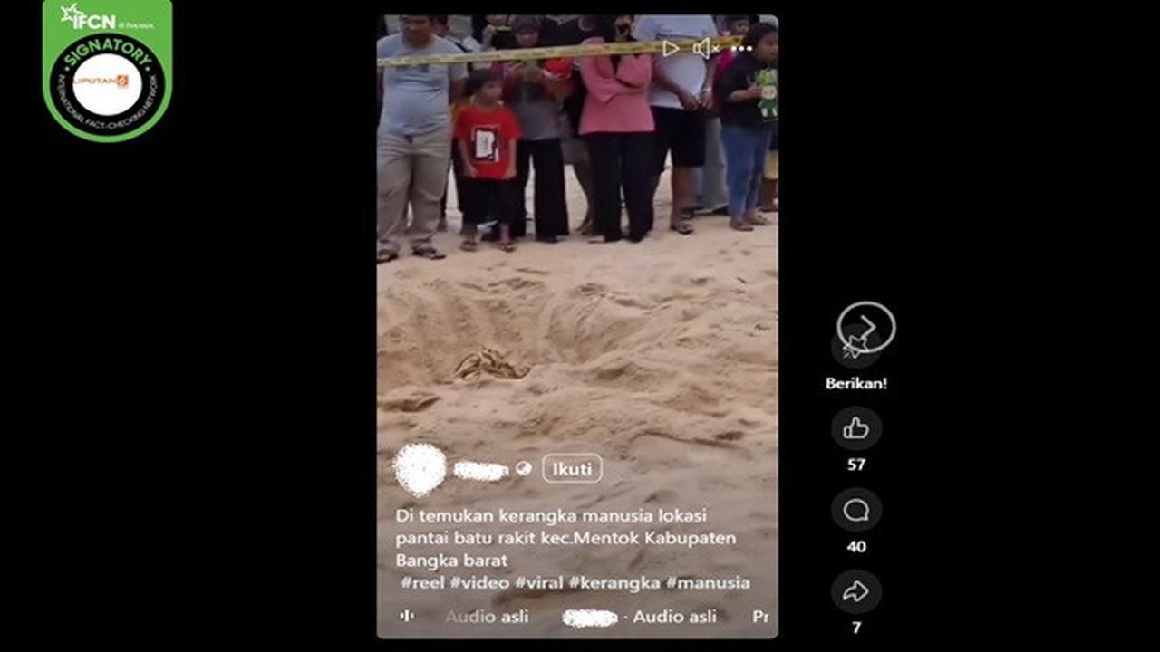 Gambar tangkapan layar kabar tentang penemuan kerangka manusia di Pantai Batu Rakit, Kabupaten Bangka Barat, Kepulauan Bangka Belitung. (sumber: Facebook)