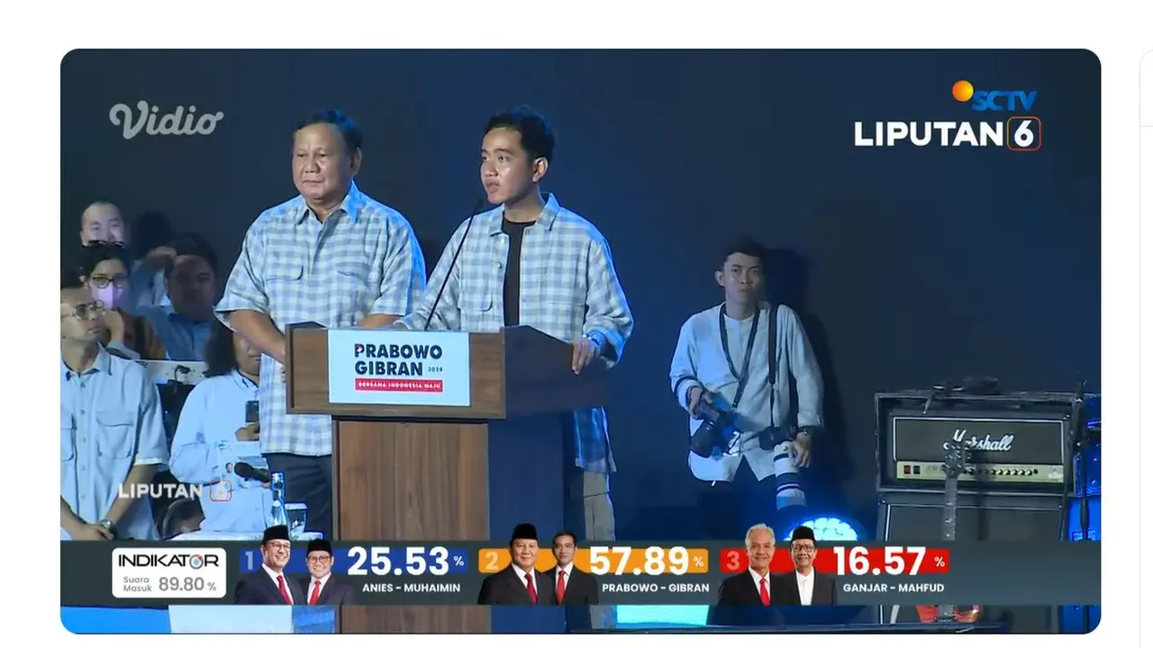 Capres dan Cawapres nomor urut 02 Prabowo Subianto-Gibran Rakabuming Raka saat pidato dan deklarasi kemenangan hasil sementara quick count Pemilu 2024 di Istora Senayan, Rabu (14/2/2024).