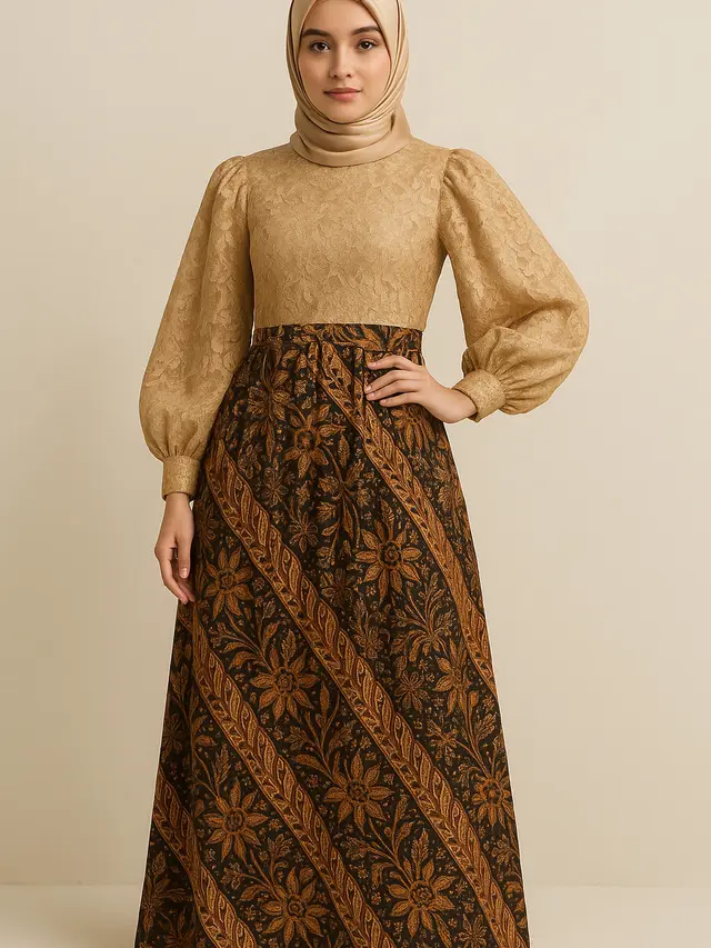 Model Dress Batik Panjang Muslim Kombinasi Polos dan Brokat