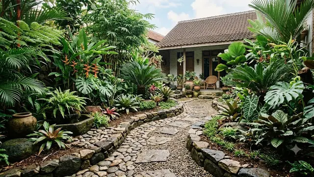 Inspirasi Taman Rumah dengan Nuansa Hutan Tropis sebagai Solusi Halaman Asri dan Estetik Model Memanfaatkan Batu Alam untuk Membagi Area Taman