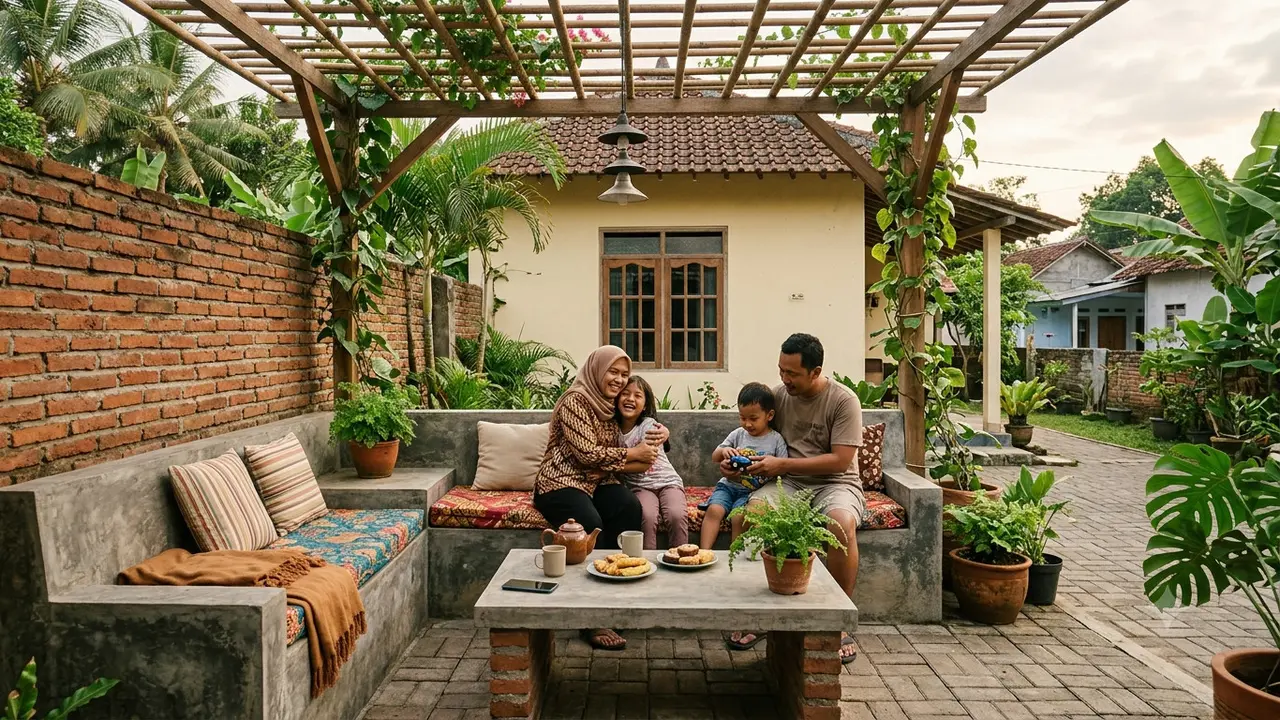 Desain Area Santai Permanen dari Semen dan Bata Ekspos yang Cocok untuk Family Time