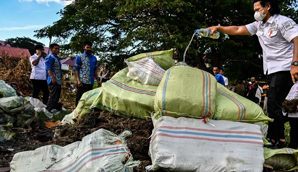 Polda Aceh menahan 22 orang tersangka terkait kasus peredaran barang haram ini. (Chaideer MAHYUDDIN/AFP)