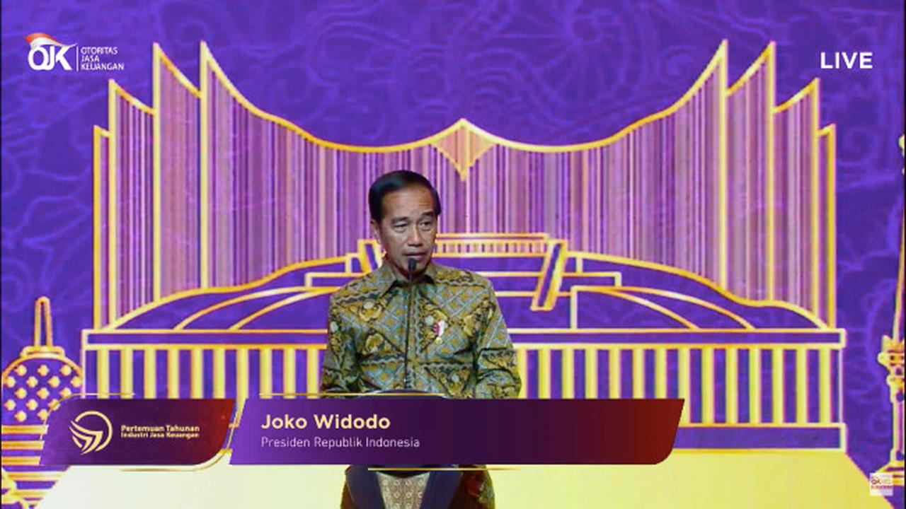Presiden Joko Widodo (Jokowi) beri sambutan dalam Pertemuan Tahunan Industri Jasa Keuangan 2023, Senin (6/2/2023). (Foto: tangkapan layar/Pipit I.R)