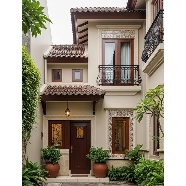 Fasad Rumah Mediterania Modern untuk Gang Sempit agar Tampil Estetik (AI Generated)