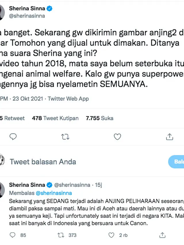 Sherina Munaf Trending Usai Soroti Kasus Penyiksaan Anjing di Aceh. (twitter.com/sherinasinna)